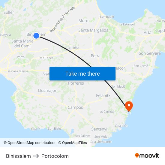 Binissalem to Portocolom map