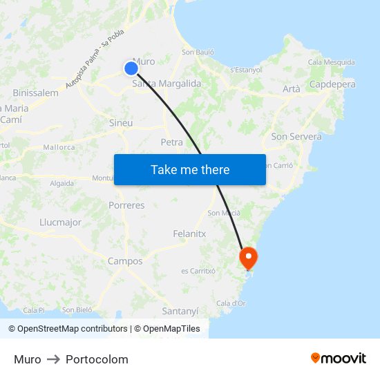 Muro to Portocolom map