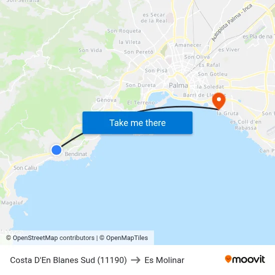 Costa D'En Blanes Sud (11190) to Es Molinar map