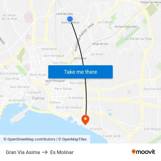 Gran Via Asima to Es Molinar map