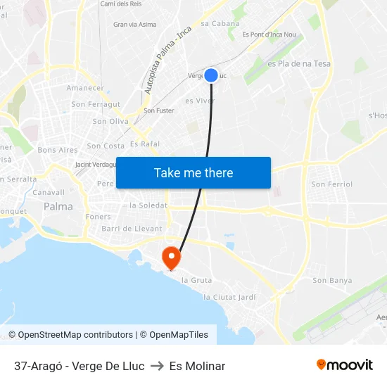 37-Aragó - Verge De Lluc to Es Molinar map