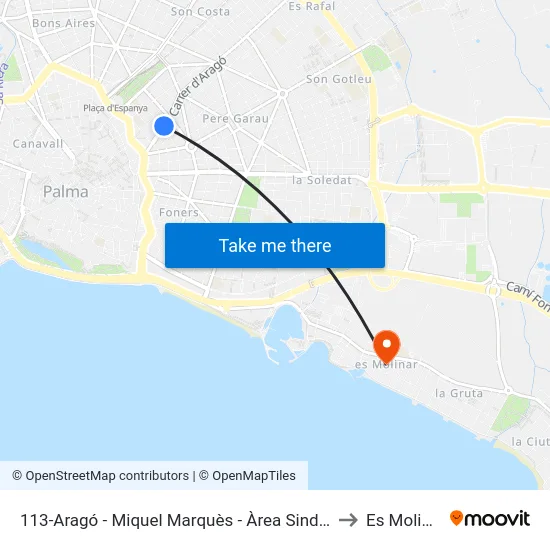 113-Aragó - Miquel Marquès - Àrea Sindicat to Es Molinar map