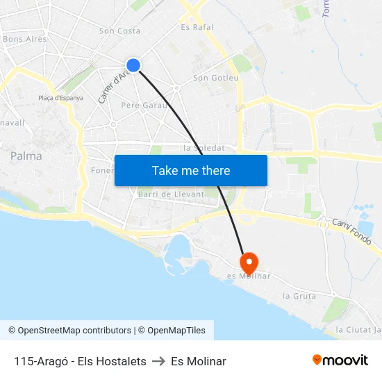115-Aragó - Els Hostalets to Es Molinar map