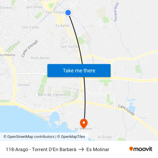 118-Aragó - Torrent D'En Barberà to Es Molinar map
