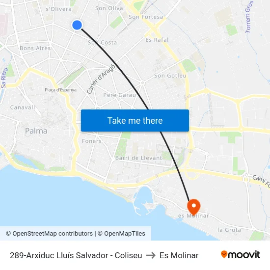 289-Arxiduc Lluís Salvador - Coliseu to Es Molinar map