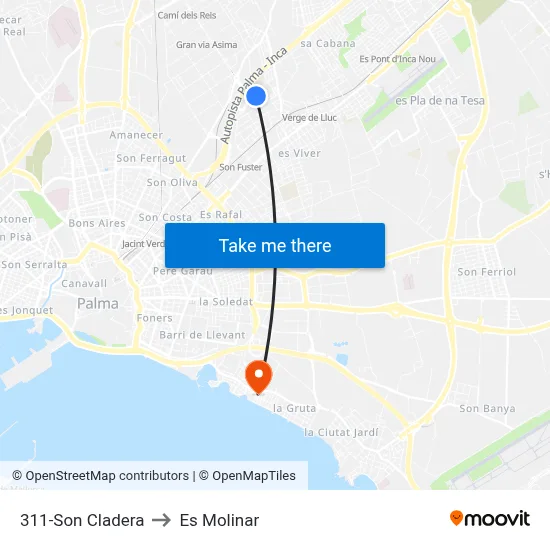 311-Son Cladera to Es Molinar map