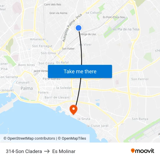314-Son Cladera to Es Molinar map