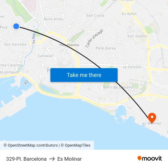 329-Pl. Barcelona to Es Molinar map