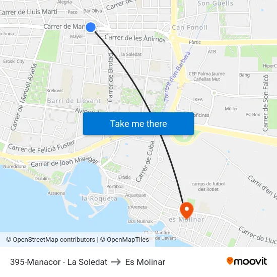 395-Manacor - La Soledat to Es Molinar map