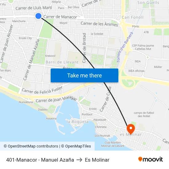 401-Manacor - Manuel Azaña to Es Molinar map