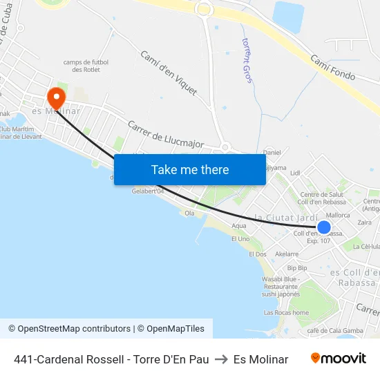 441-Cardenal Rossell - Torre D'En Pau to Es Molinar map