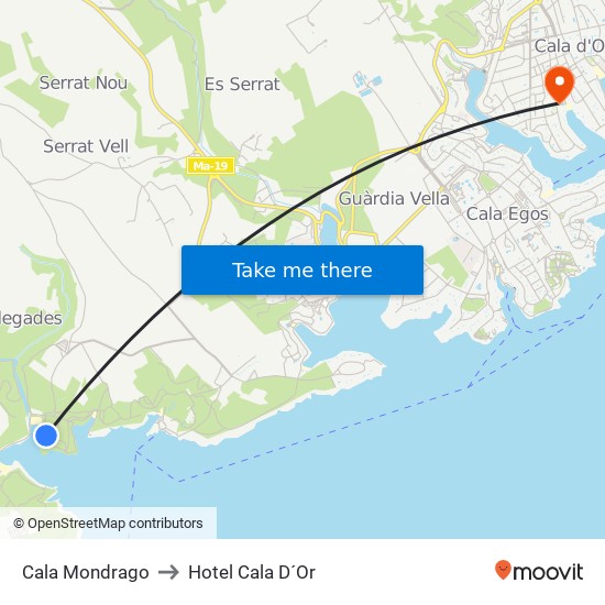 Cala Mondrago to Hotel Cala D´Or map