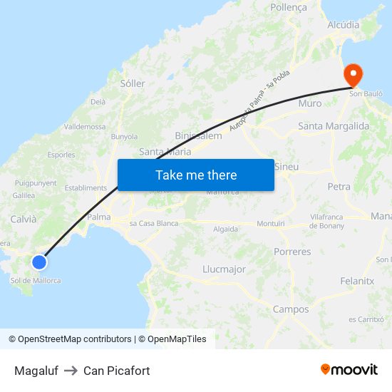 Magaluf to Can Picafort map