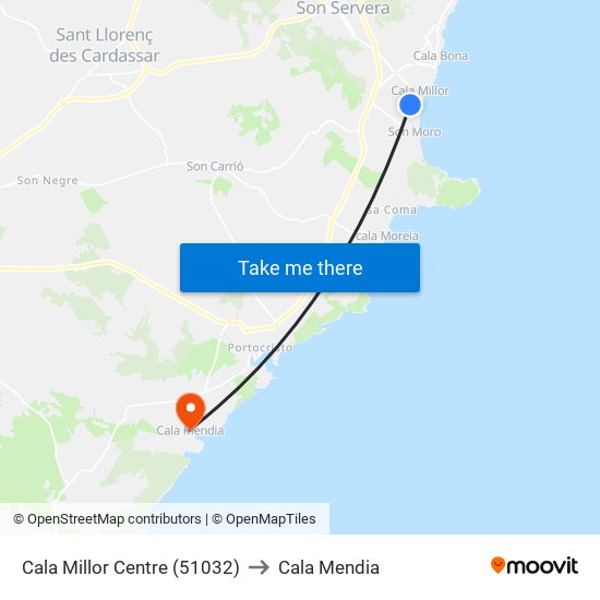 Cala Millor Centre (51032) to Cala Mendia map