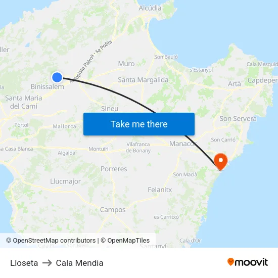 Lloseta to Cala Mendia map