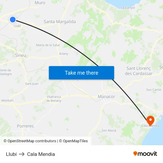 Llubí to Cala Mendia map