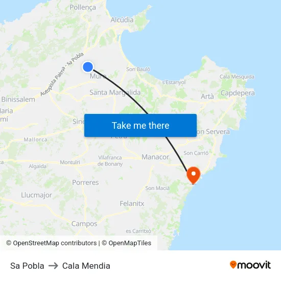 Sa Pobla to Cala Mendia map