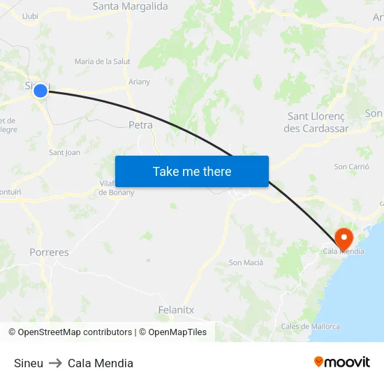 Sineu to Cala Mendia map
