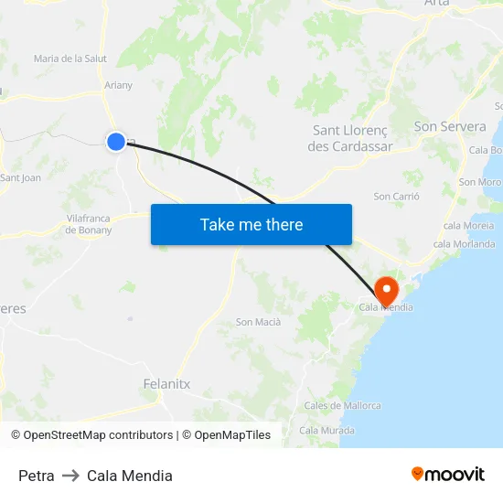 Petra to Cala Mendia map