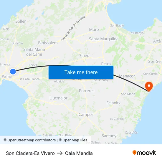 Son Cladera-Es Vivero to Cala Mendia map