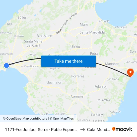 1171-Fra Juníper Serra - Poble Espanyol to Cala Mendia map