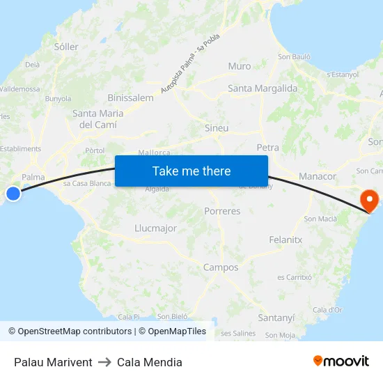 Palau Marivent to Cala Mendia map