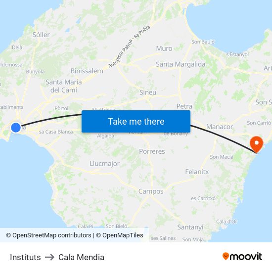 Instituts to Cala Mendia map