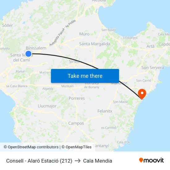 Consell - Alaró Estació (212) to Cala Mendia map
