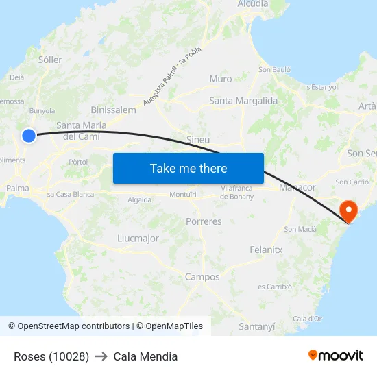 Roses (10028) to Cala Mendia map