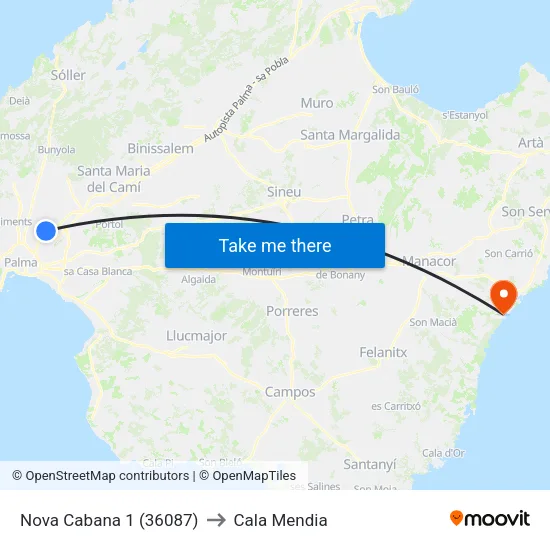 Nova Cabana 1 (36087) to Cala Mendia map
