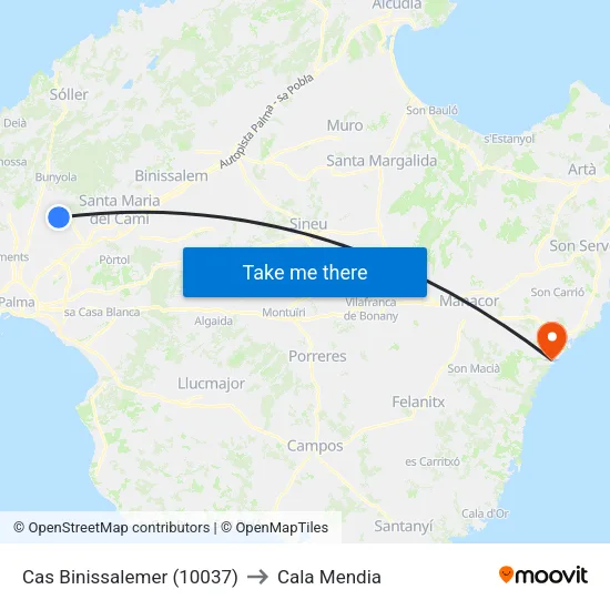 Cas Binissalemer (10037) to Cala Mendia map