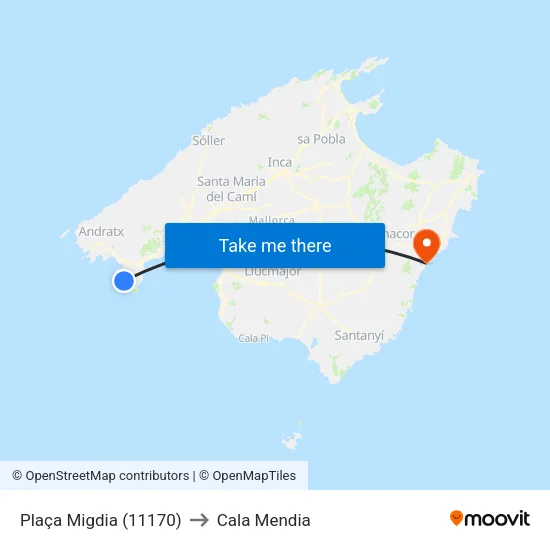 Plaça Migdia (11170) to Cala Mendia map