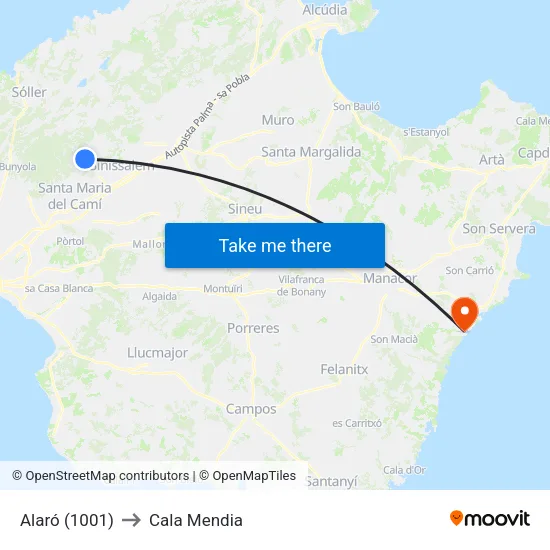 Alaró (1001) to Cala Mendia map