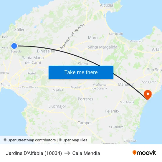 Jardins D'Alfàbia (10034) to Cala Mendia map