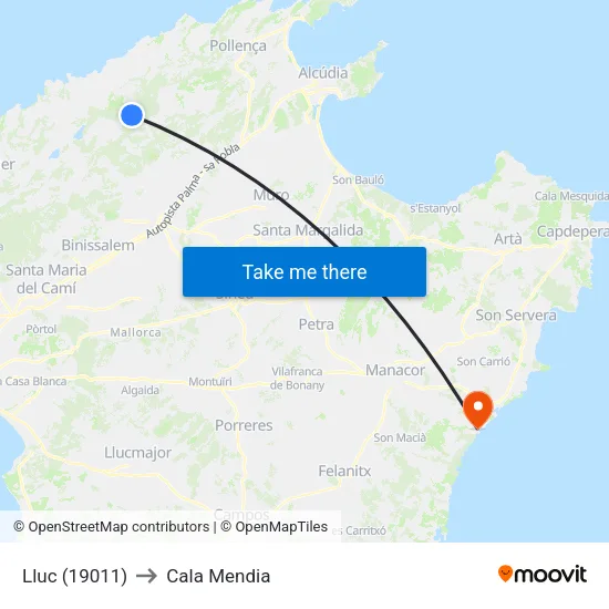 Lluc (19011) to Cala Mendia map