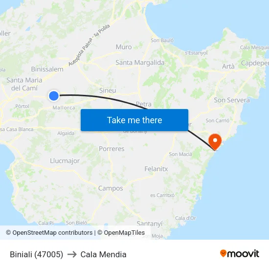 Biniali (47005) to Cala Mendia map
