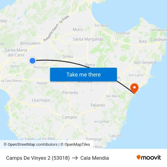 Camps De Vinyes 2 (53018) to Cala Mendia map