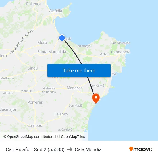 Can Picafort Sud 2 (55038) to Cala Mendia map
