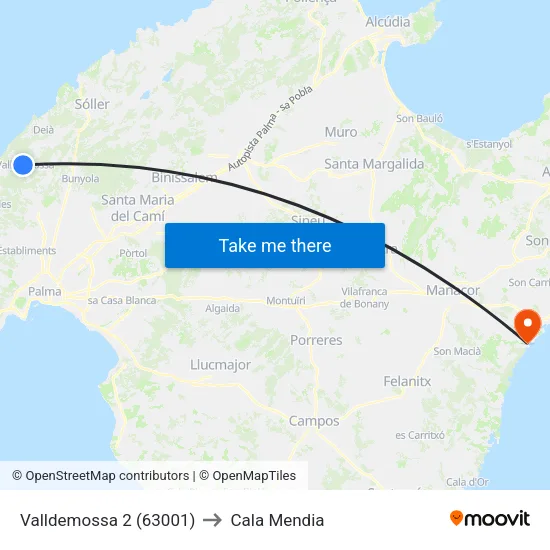 Valldemossa 2 (63001) to Cala Mendia map