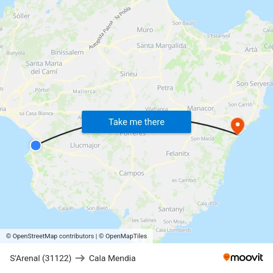 S'Arenal (31122) to Cala Mendia map