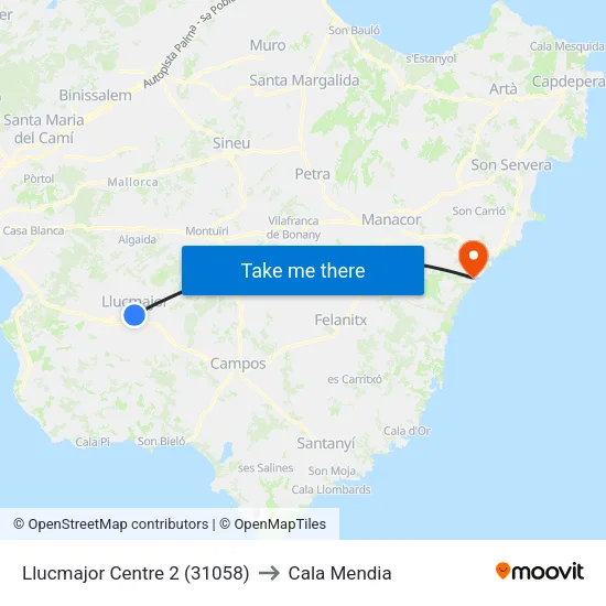 Llucmajor Centre 2 (31058) to Cala Mendia map