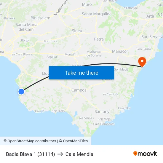 Badia Blava 1 (31114) to Cala Mendia map