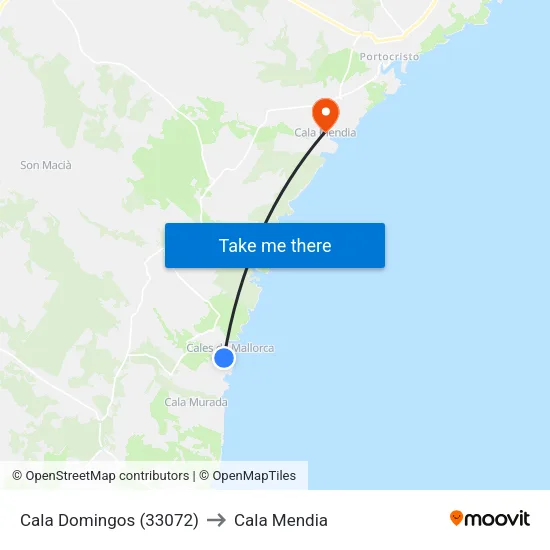 Cala Domingos (33072) to Cala Mendia map