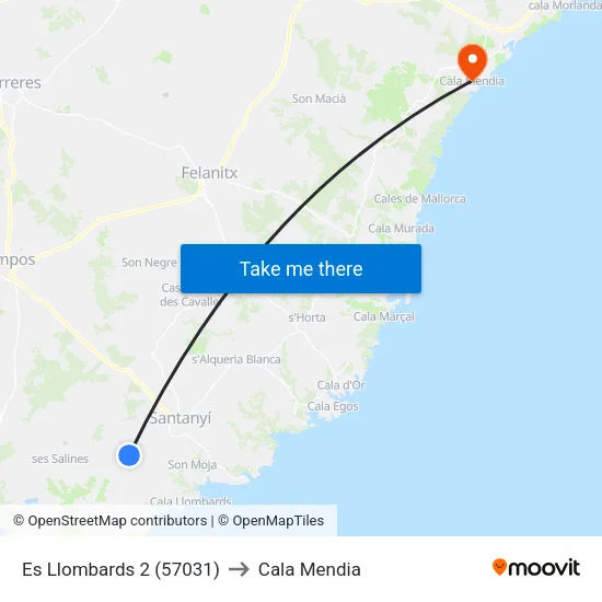 Es Llombards 2 (57031) to Cala Mendia map