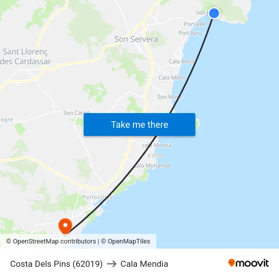 Costa Dels Pins (62019) to Cala Mendia map