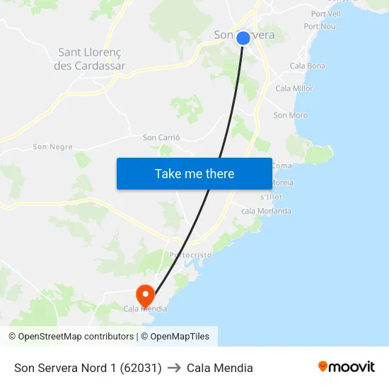 Son Servera Nord 1 (62031) to Cala Mendia map