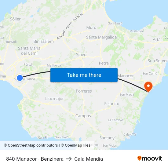 840-Manacor - Benzinera to Cala Mendia map