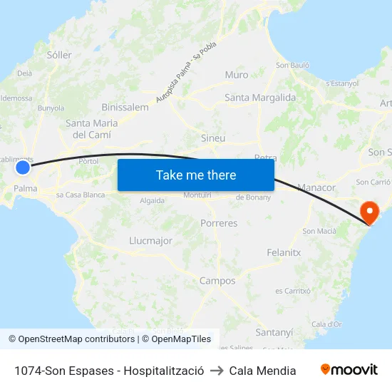 1074-Son Espases - Hospitalització to Cala Mendia map