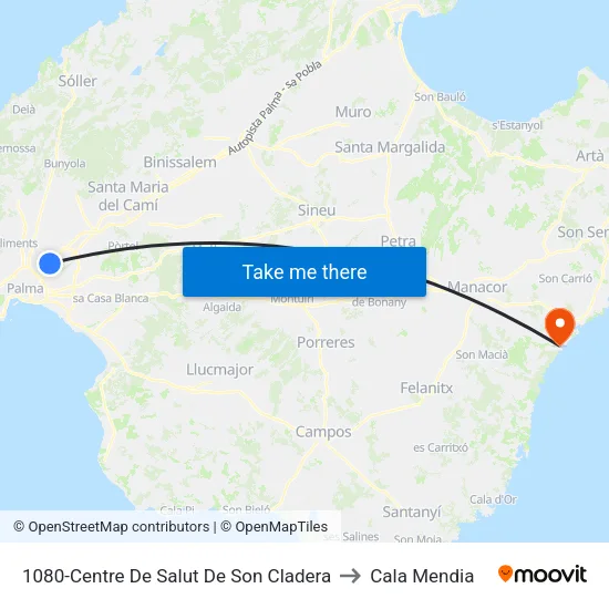 1080-Centre De Salut De Son Cladera to Cala Mendia map