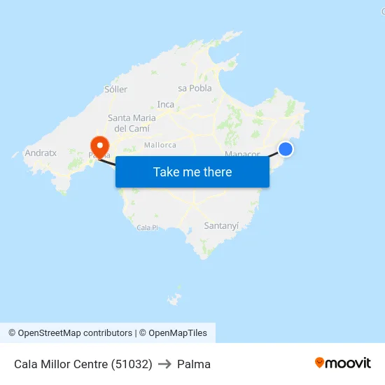 Cala Millor Centre (51032) to Palma map